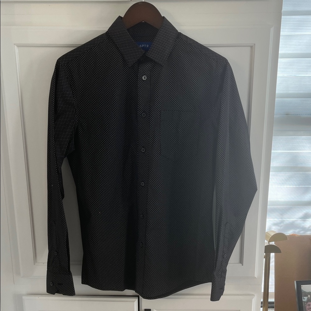 Apt. 9 Black Dress Shirt with White/Grey Microdot Print and black buttons